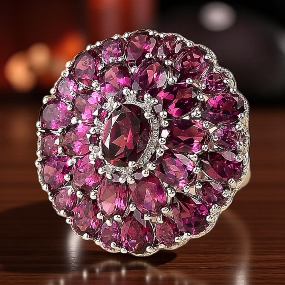 D’Joy Tanzanian Wine Garnet Flower in Rhodium Over Sterling